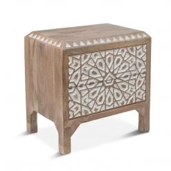 World Interiors Haveli Mango Wood Geometric Carved Night Chest Bedroom
