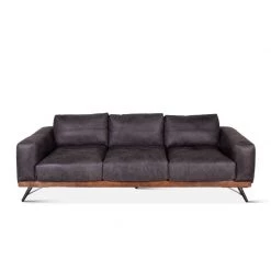 World Interiors Chiavari Mid-Century Antique Ebony Leather Sofa Living Room