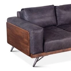 World Interiors Chiavari Mid-Century Antique Ebony Leather Sofa Living Room