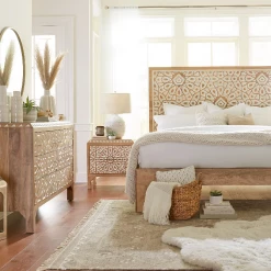 World Interiors Bedroom Haveli Mango Wood Geometric Carved King Bed