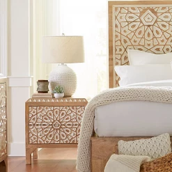 World Interiors Haveli Mango Wood Geometric Carved Night Chest Bedroom